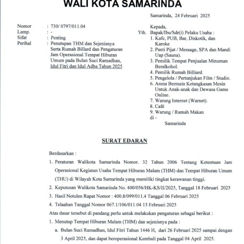 Pemkot Samarinda Atur Operasional Tempat Hiburan Selama Ramadan dan Hari Besar Islam